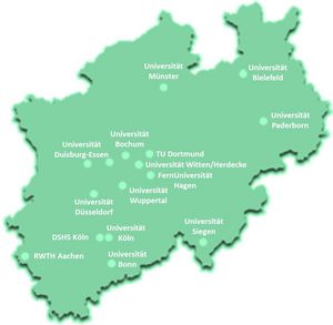 Landkarte von NRW mit Standorten der Universitäten